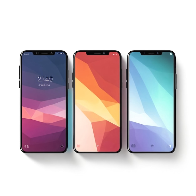 Foto mockup de teléfono inteligente realista y colorido aislado sobre fondo blanco cámara de selfie colocada a la izquierda en la pantalla negra para su contenido