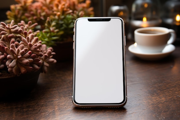 Mockup teléfono de mano en la mesa con pantalla blanca