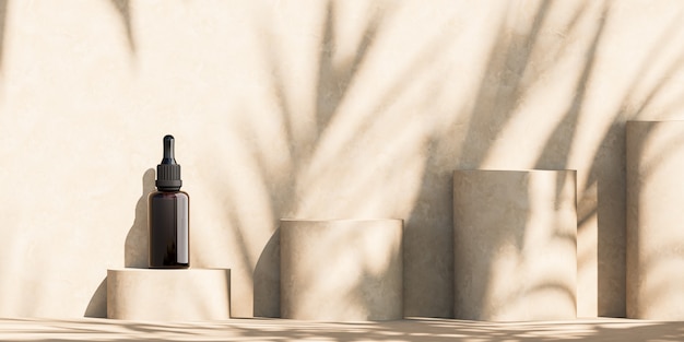 Mockup-Tropfflasche auf Zylinderplattform, Sonnenschutzschatten tropische Pflanzen an der Wand. abstrakter Hintergrund für kosmetische Präsentationen oder Anzeigen. 3D-Rendering