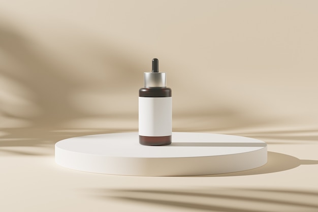Mockup Tropfflasche für Kosmetikprodukte oder Werbung auf beigem Podiumhintergrund mit Blattschatten, 3D-Illustration rendern