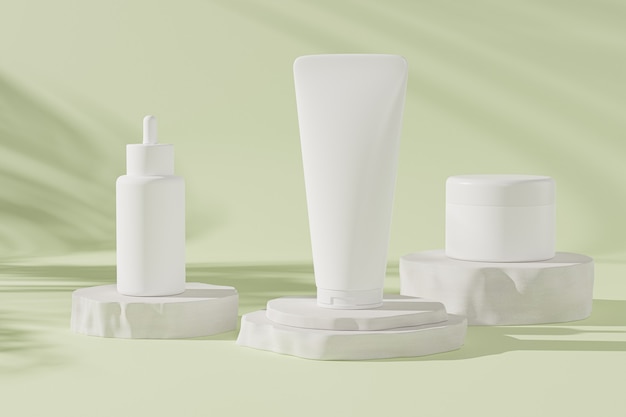 Mockup Tropfflasche, Lotionsröhre und Cremetopf für Kosmetikprodukte oder Werbung auf pastellgrünem Hintergrund, 3D-Illustrationsrender