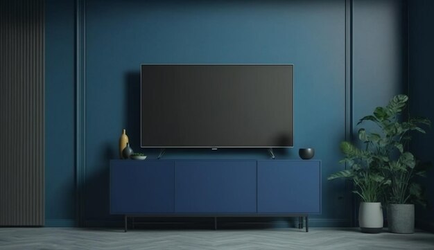 Mockup tv en gabinete en habitación vacía moderna con detrás de la pared azul oscuro IA generativa