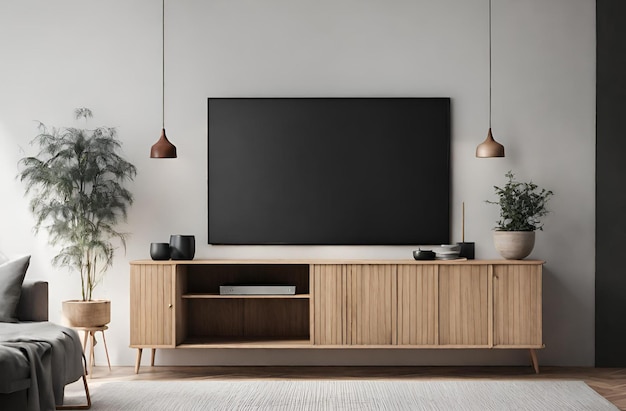 Mockup de TV de gabinete de madera minimalista para el diseño de interiores