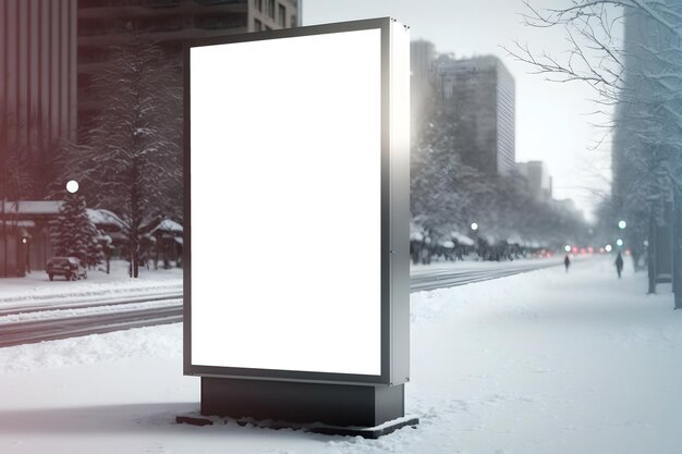 Mockup vertikal leuchtendes Werbebanner auf der Stadtstraße im Winter