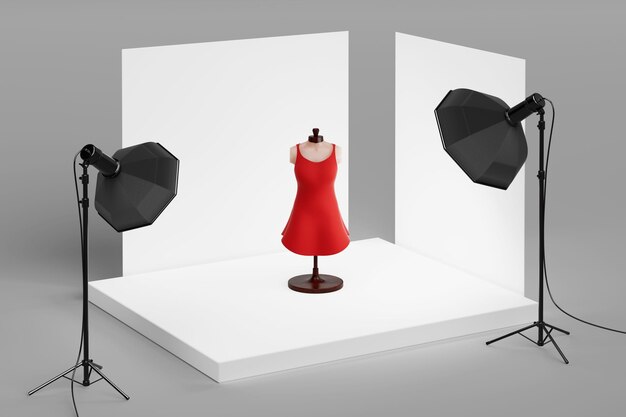 Mockup de vestido rojo clásico para mujeres y maniquí en un fondo fotográfico blanco y softboxes en Studio 3d Rendering