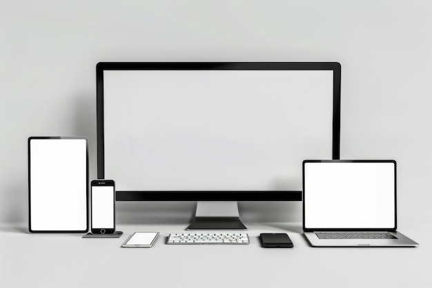 Foto mockup von computer, laptop, monitor und tablet, erstellt mit generativer ai