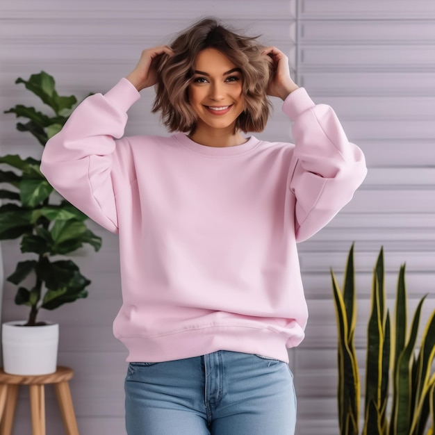 Foto mockup von leeren gildan frauen sweatshirt licht rosa sweatshirt mockup modell mockup sweatshirt