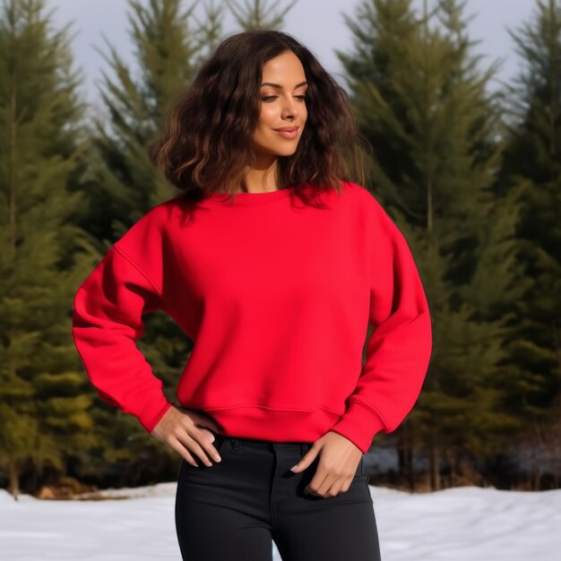 Foto mockup von leeren gildan frauen sweatshirt rot sweatshirt mockup modell mockup sweatshirt modell