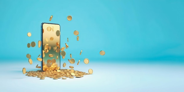 Mockup von Smartphone umgeben von goldener Münze auf blauem Hintergrund