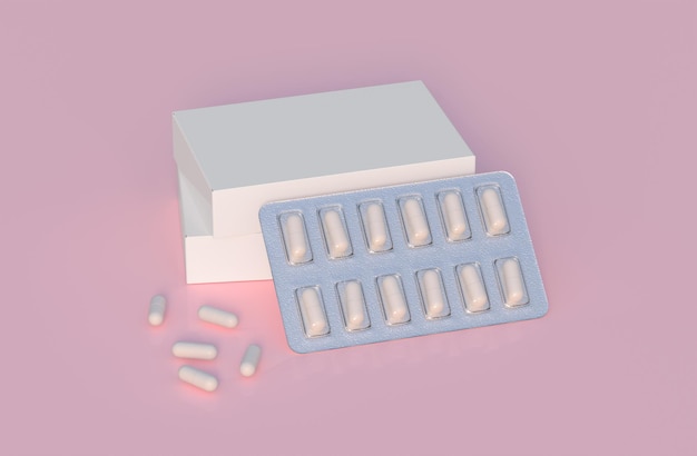 Mockup-Vorlage mit zwei Blisterpackungen mit weißen Pillenkapseln in Verpackungsboxen 3D-Rendering