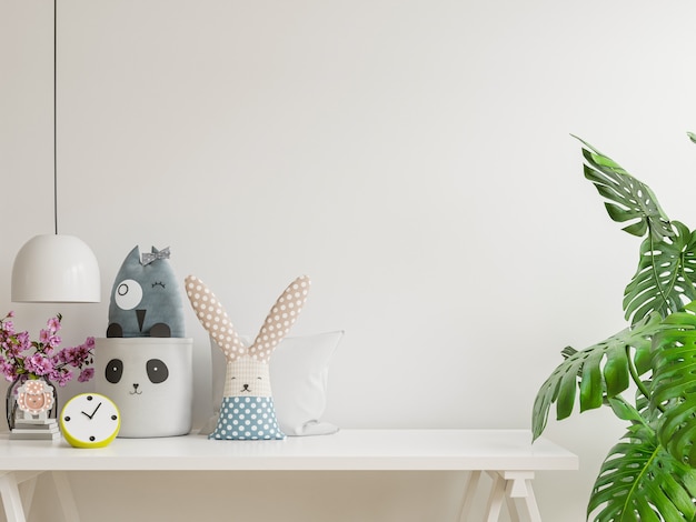 Mockup-Wand im Kinderzimmer mit hellweißem Hintergrund, 3D-Rendering