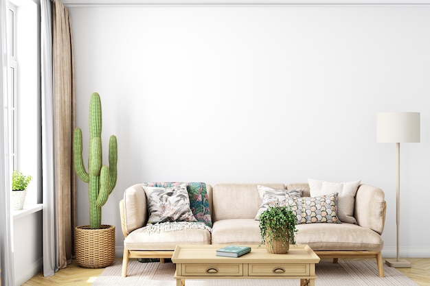 Mockup-Wand im Wohnzimmer auf weißem Hintergrund der Wand im Boho-Stil