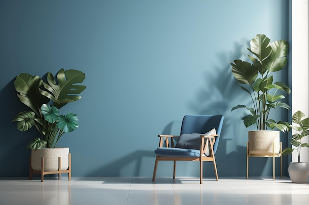 Mockup-Wanddesign-Sessel und Pflanzen mit blauem Wandkopierraum 3D-Rendering
