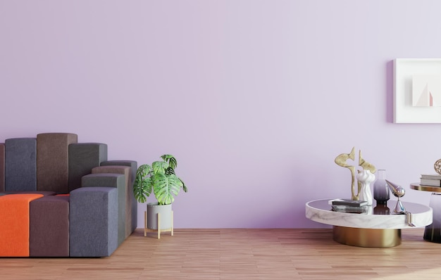 Mockup-Wanddesign-Stuhl und Pflanzen mit blauem Wandkopierraum 3D-Rendering