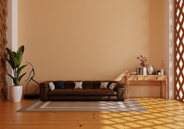 Mockup-Wanddesign-Stuhl und Pflanzen mit blauem Wandkopierraum 3D-Rendering