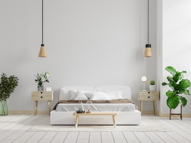 Foto mockup weiße wand im schlafzimmerinnenhintergrund, 3d-rendering
