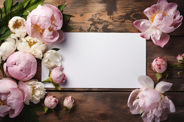 Foto mockup weißes leeres papier blatt rosa pfeunen top view hölzerner hintergrund vorlage karte mit kopierplatz