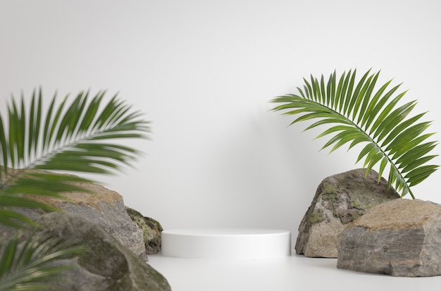 Mockup White Podium mit Rock und Palm Leave Hintergrund 3d Render