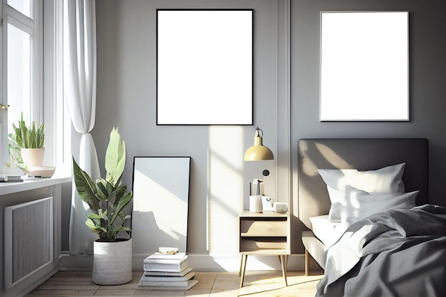 Mockups de arte de parede em quartos modernos Design de interiores com luz do dia manhã ensolarada IA geradora