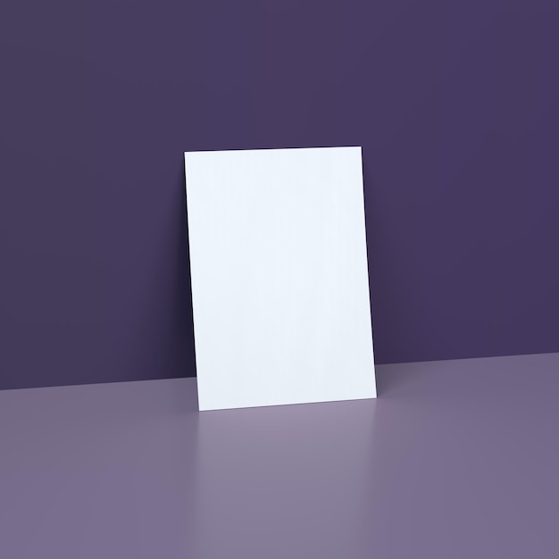 Foto mockups de cartaz branco em um fundo roxo escuro com reflexão template mockup render 3d