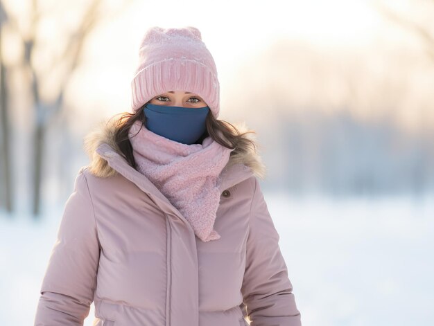 Moda acogedora de invierno Mujer joven con abrigo de invierno cálido y accesorios de pie en la nieve