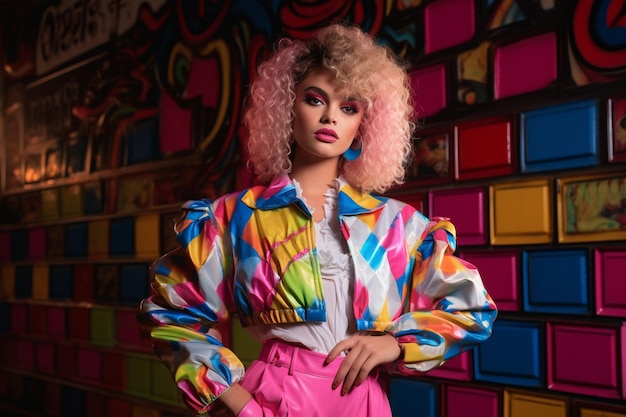 Moda de alto brillo de la década de 1980 80er Jahre Retro Estilo de la década de 1980 Neon farben Moda callejera popular Ropa colorida de la década de 8039 con cabello grande Adolescentes vestidos Era de la música disco IA generativa