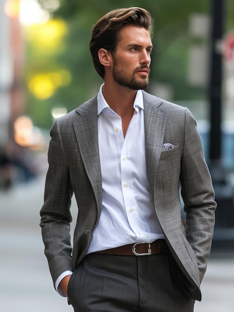 Foto la moda de la calle de los hombres camisa blanca chaqueta gris estilo minimalista