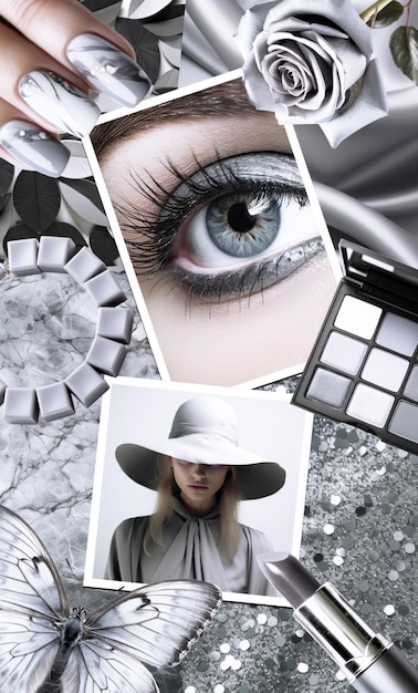 Foto moda cores estéticas moodboard colagem de recortes de revistas feitas à mão top cor da estação cinza design de colagem feita sem ai generativo