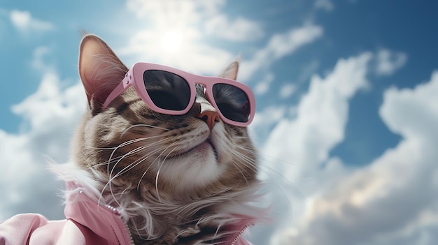 Moda de Gato Futurista Gatinha com Óculos de Sol e Nuvens Rosas
