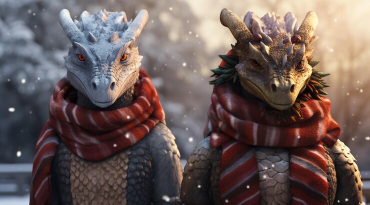 Foto moda de inverno aconchegante inspirada em dragões com lenços à moda, bonés e camisetas adornadas com vibrantes motivos de dragões para um estilo festivo moderno e notável