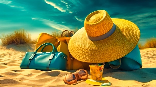 moda de verão bolsa de praia chapéu de palha sandálias e óculos de sol montados na praia com sol