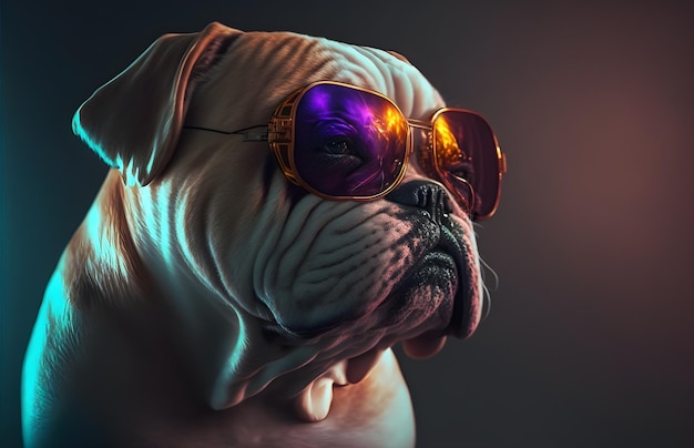 moda e lindo cão de bulldog, usando iluminação cinematográfica de óculos de sol coloridos. Papel de parede