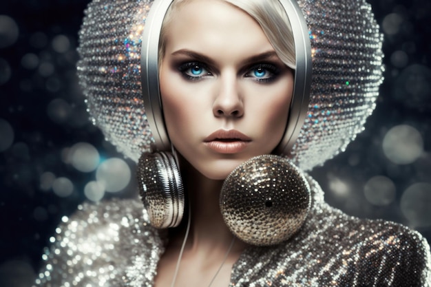 Moda estilo futurista discoteca com enormes fones de ouvido Generative AI