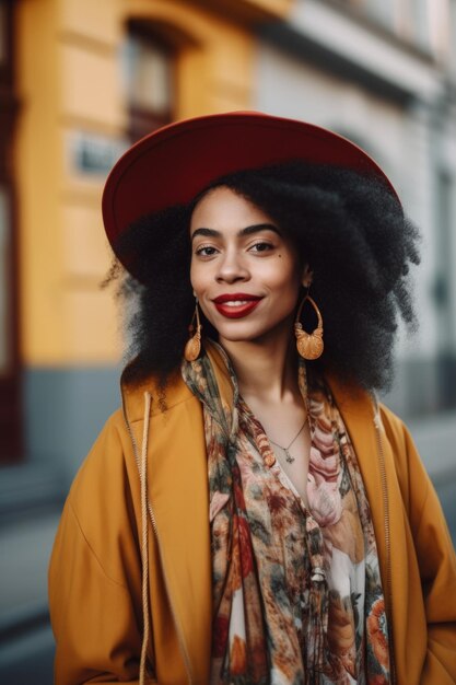 Moda feliz e retrato de mulher negra na cidade com roupas elegantes e boêmias