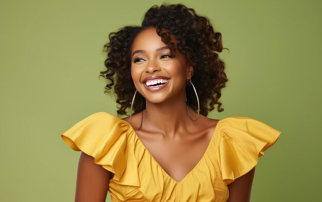 moda feliz sonriente chica afroamericana con vestido de verano brillante en fondo de luz sólida