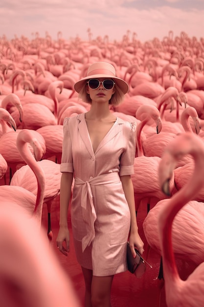 moda feminina em rosa andando em meio a flamingos cor de rosa Generative AI