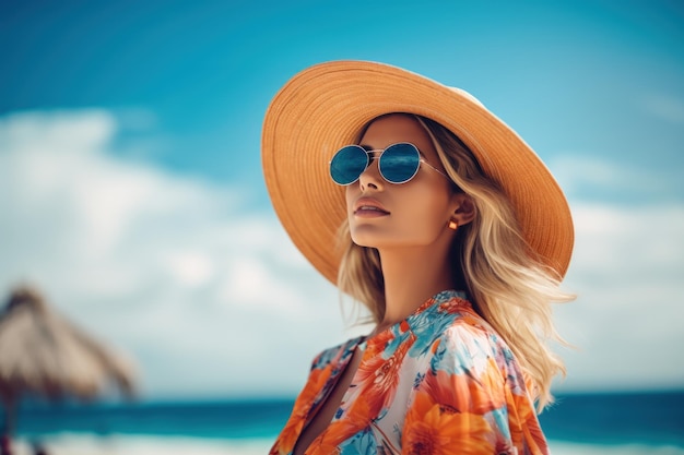 Moda feminina no conceito de arte de verão de praia tropical