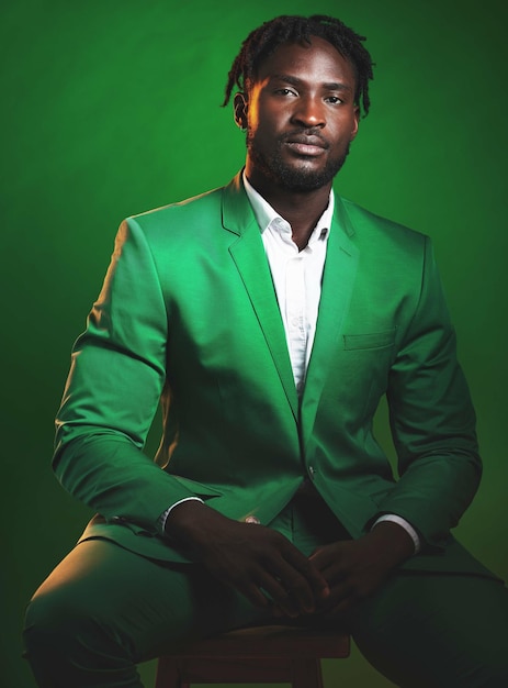 Moda formal y hombre negro en un traje verde sentado en una silla en el estudio con un traje de lujo Elegante estilo y retrato de un modelo masculino africano con ropa de moda aislado por fondo