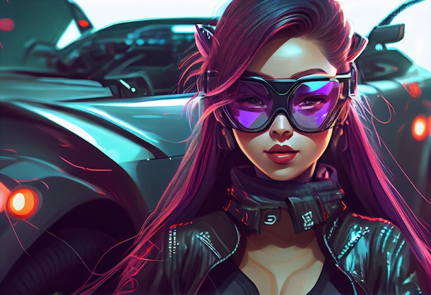 Moda garota cyberpunk dirige uma mulher asiática supercarro com futuros óculos digitais realistas Gerar Ai