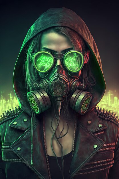 Moda garota cyberpunk em jaqueta de couro com capuz usa máscara de gás com filtros de óculos protetores