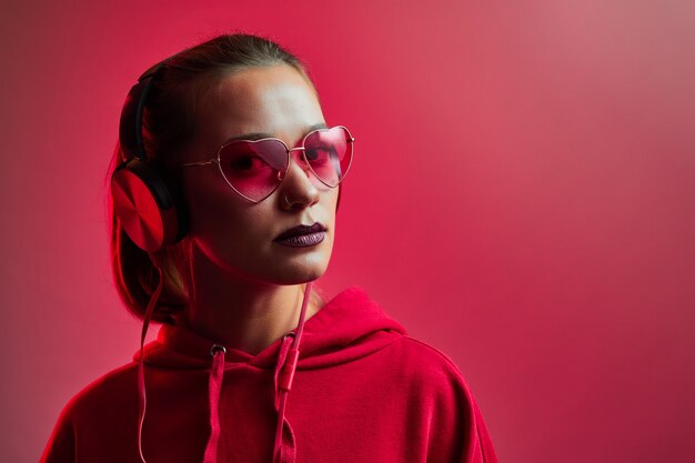 Moda hipster mujer usa elegantes gafas y auriculares escuchando música sobre una pared de neón