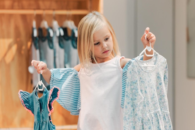 Moda infantil e compras enquanto escolhe roupas infantis em uma loja ou boutique com uma linda garota segurando vestidos pensando ou escolhendo a escolha da cor Comprador infantil ou cliente comprando roupas