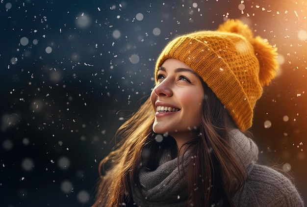 moda de invierno una mujer con un gorro amarillo y negro al estilo de azul cielo oscuro y claro