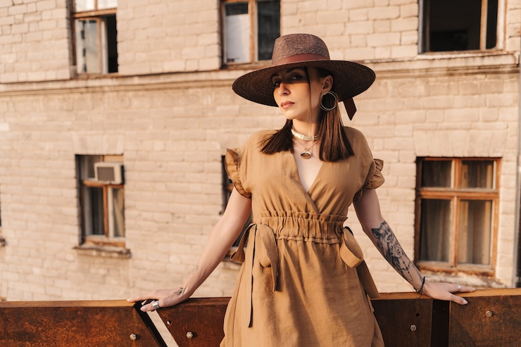Foto moda jovem mulher vestida com um vestido de verão com um chapéu largo de vime caminha e posa na cidade velha.