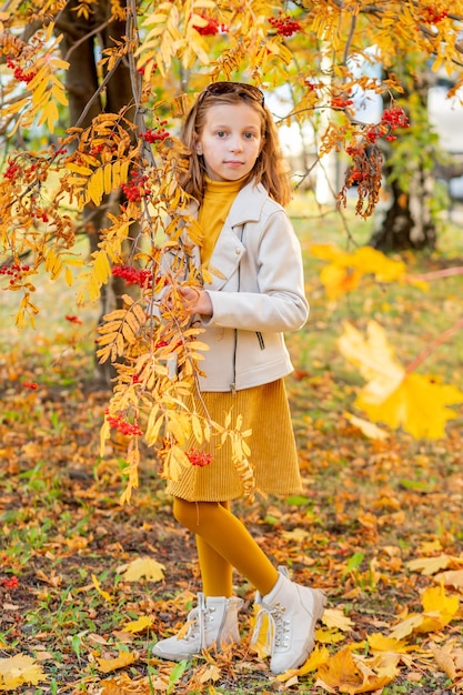 Moda juvenil. Retrato, de, un, joven, morena, en, beige, chaqueta de cuero, en el fondo, de, otoño, park., Lindo, niña, en, falda amarilla, se encuentra, cerca, rojo, serba