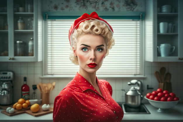 Moda linda dona de casa na cozinha Estilo pin up retrô dos anos 50