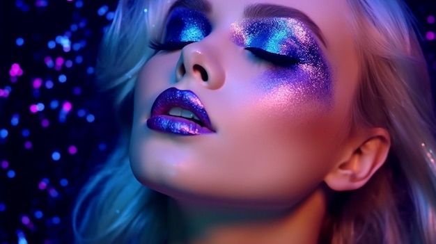 moda metálica prata modelo lábios e rosto senhora em cores neon vívidas posando no estúdio GENERATE AI