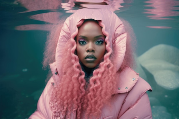 Moda mulher afro com cabelo rosa no casaco rosa em pé debaixo d'água Ilustração realista gerada ai