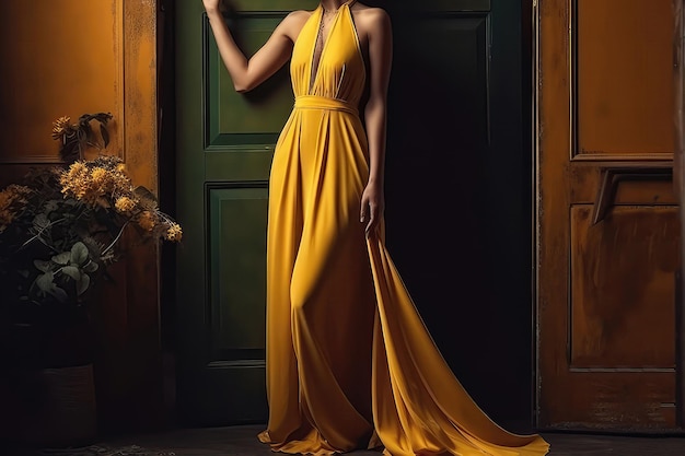 Moda mulher em vestido longo amarelo IA generativa