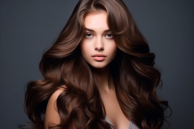Moda mulher maquiagem suave marrom modelo maquiagem ondulada penteado glamour beleza rosto salão de cabelo longo estilo encaracolado brilhante feminino